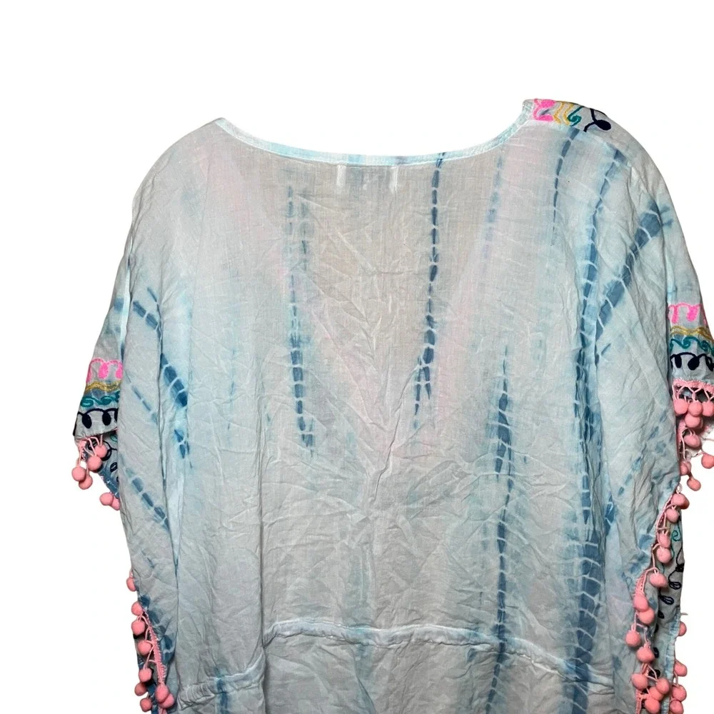 Fable Kaftan Swim Cover Up Womens S/M Blue Tie Dye Embroidered Pom Pom Boho